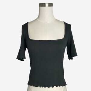 Sister Katie Ribbed square neck lettuce trim top dark grey minimalist cotton S